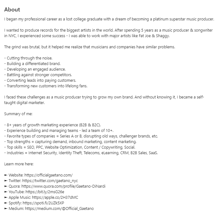 A second example of a longer social selling bio on LinkedIn.